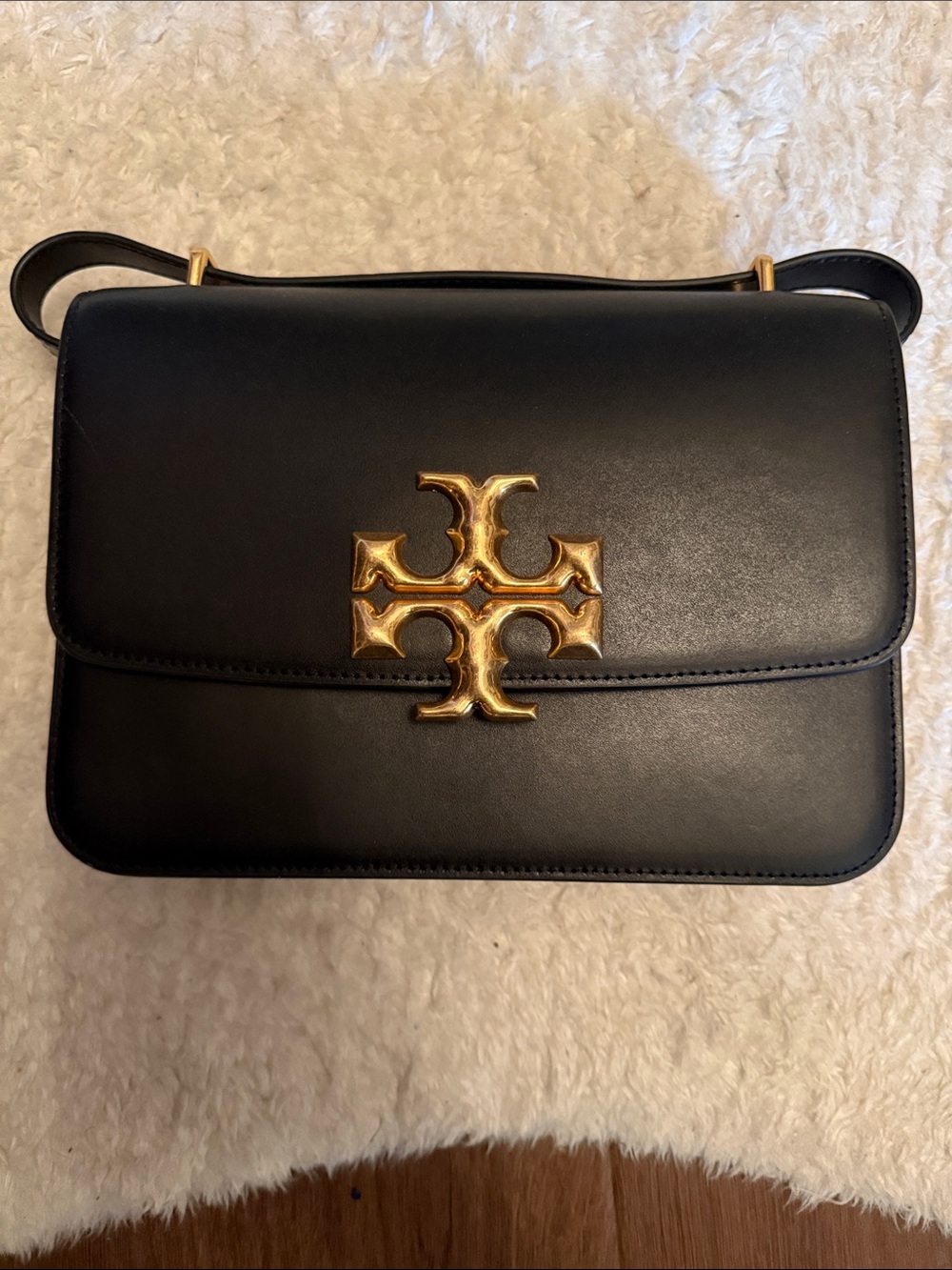Tory Burch Eleanor Black Leather Crossbody with Gold Logo Medallion